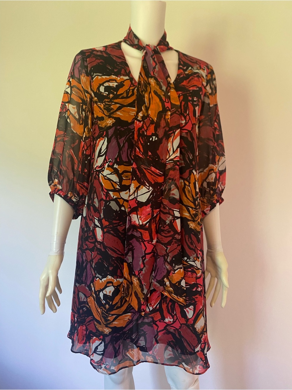 Taylor Abstract Floral Tie-Neck Midi Dress in Black, Burgundy, Mustard